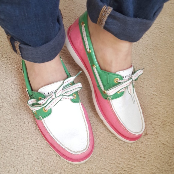 Sperry Shoes - Sperry 6.5 Pink Green Boat Shoes Leather Preppy